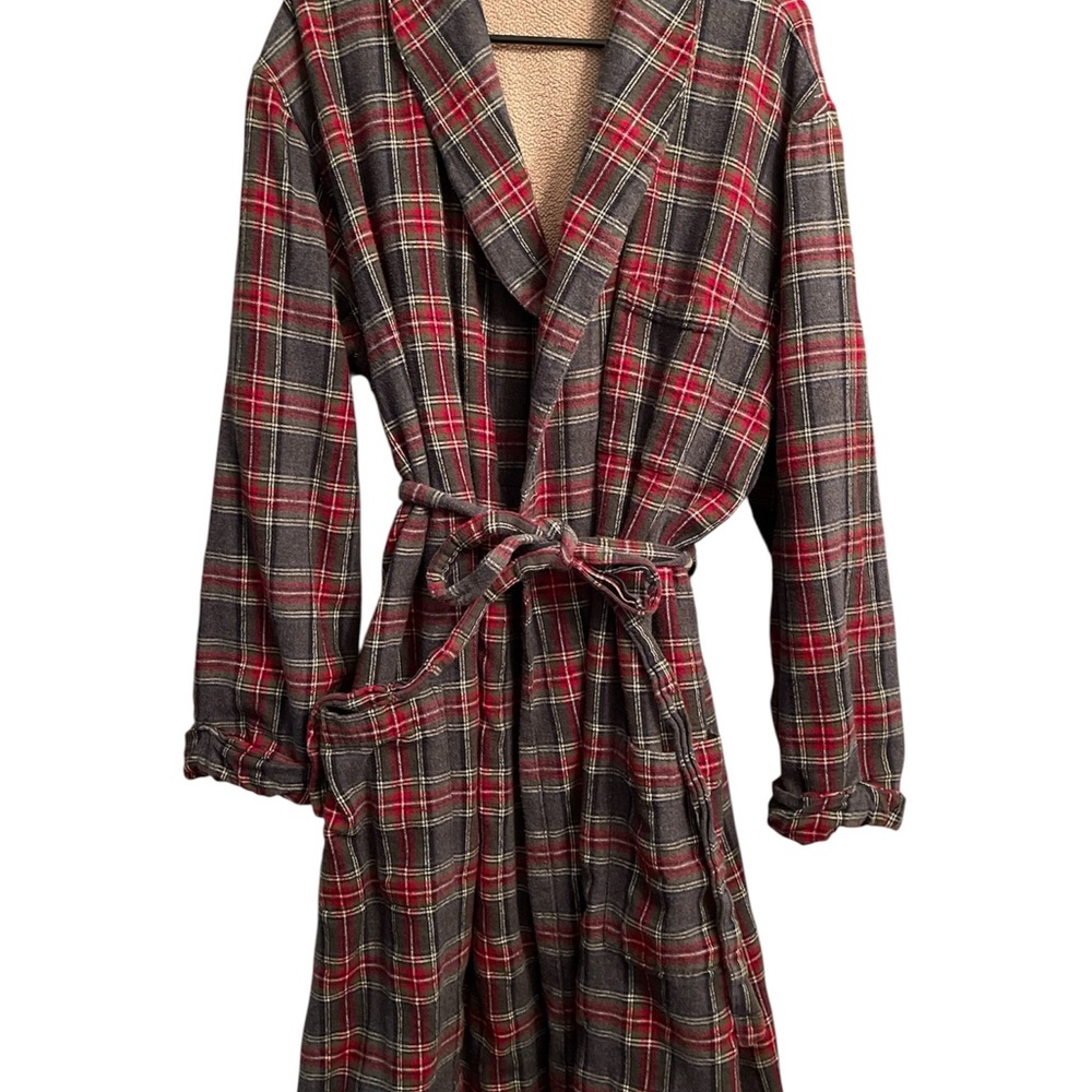 Vintage LL Bean Mens Large Plaid Gray&Red Belted Robe